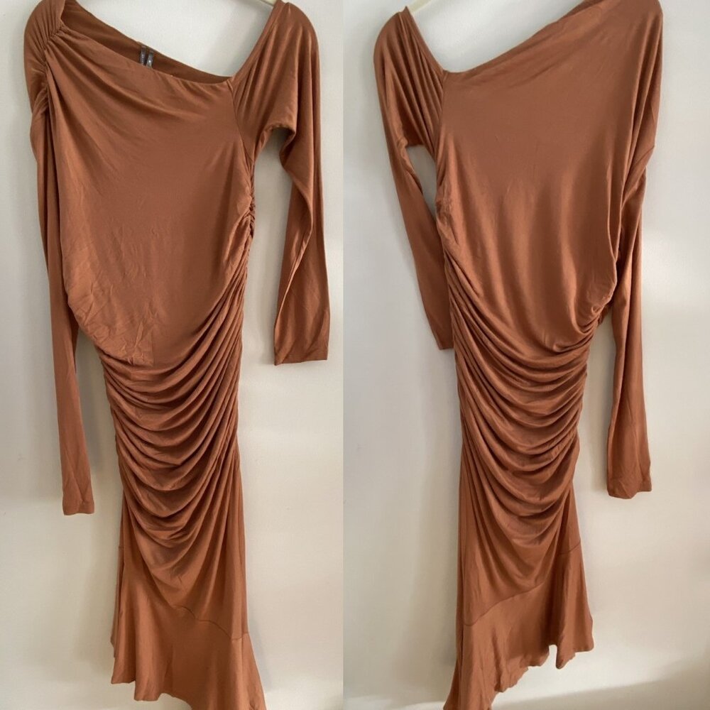 By Anthropologie Long-Sleeve Off-The-Shoulder Asymmetric Slim Midi Dress - Picture 4 of 5